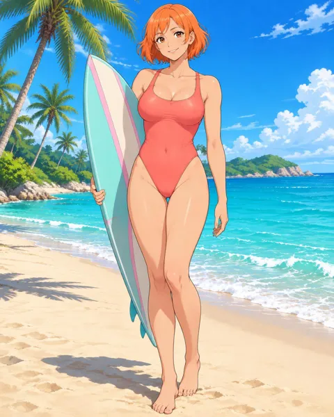 Aurisette, an adult anime companion standing on the sand with a pastel surfboard under one arm