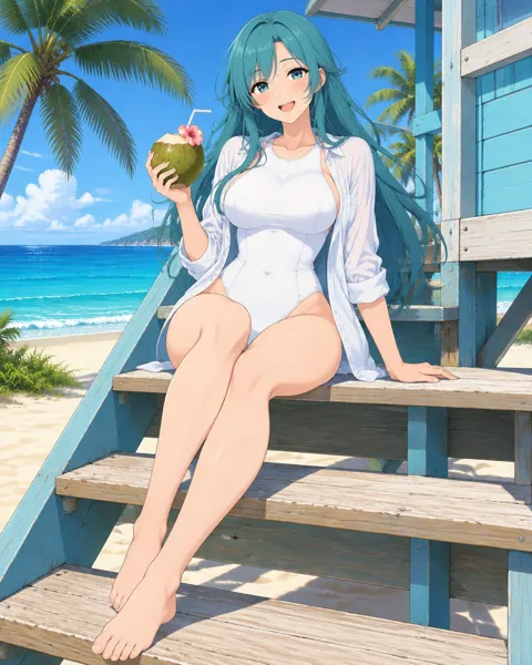 Liraveth, an adult anime companion sitting on the steps of a lifeguard hut with a coconut drink