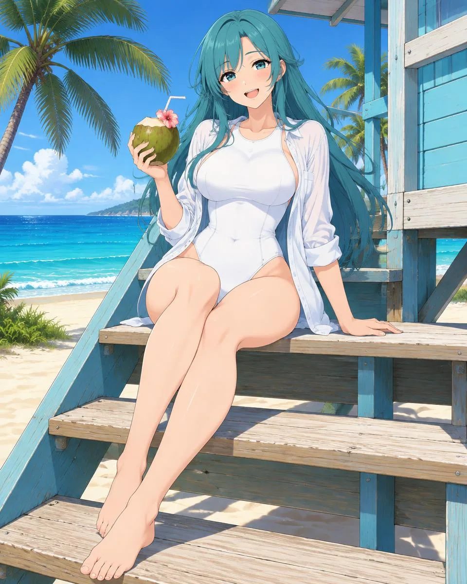 Liraveth, an adult anime companion sitting on the steps of a lifeguard hut with a coconut drink