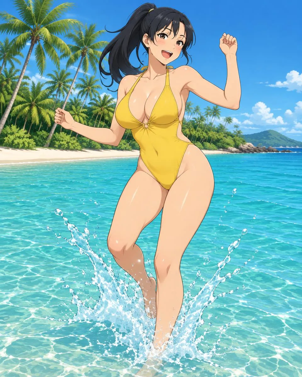 Odalyse, an adult anime companion dancing and splashing in ankle-deep turquoise water