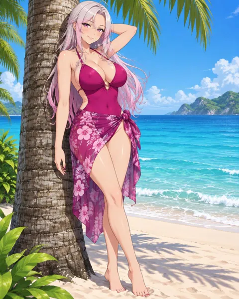 Senthea, an adult anime companion leaning against a palm tree in a floral sarong