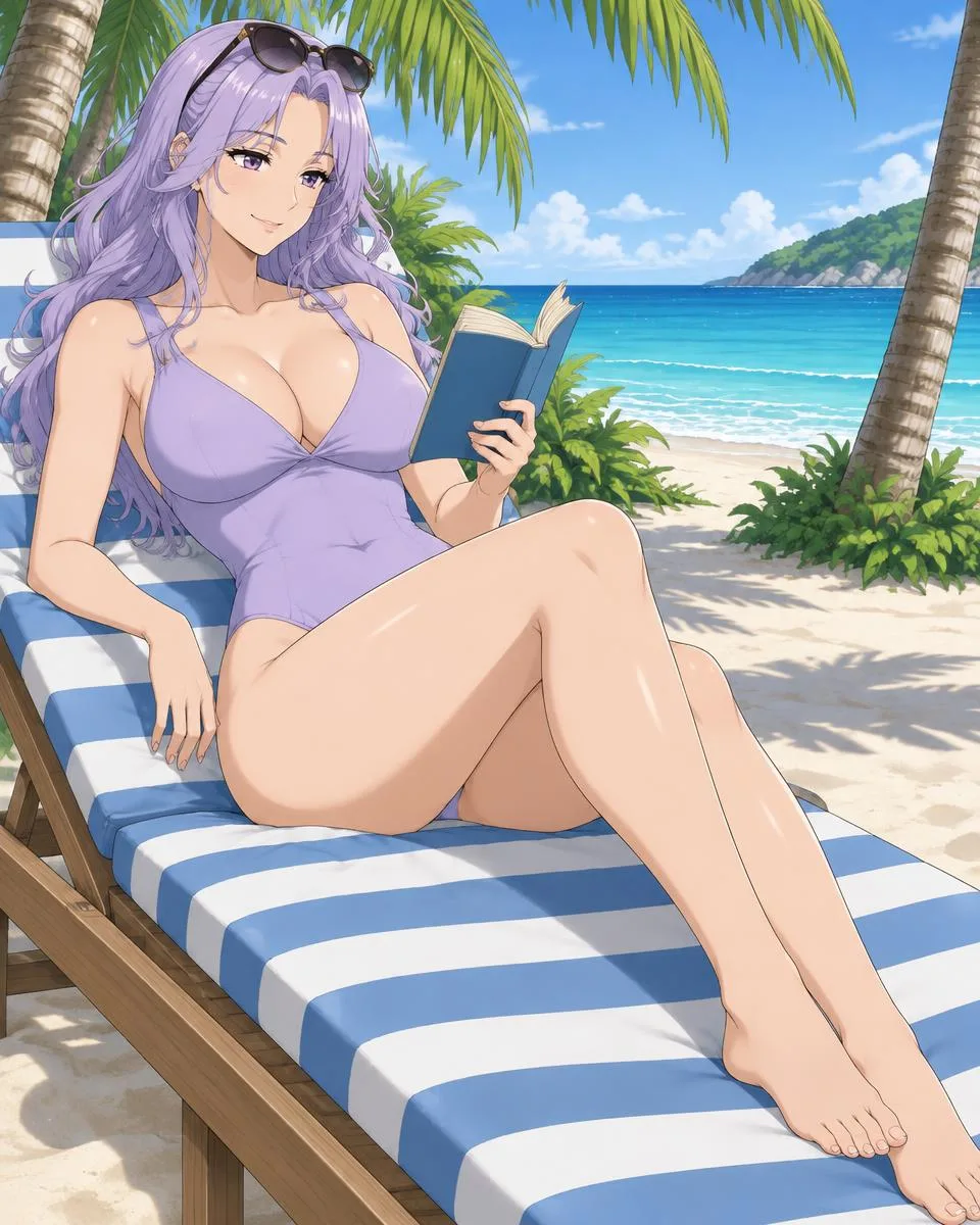 Tamsyne, an adult anime companion reclining on a striped beach lounger with a book