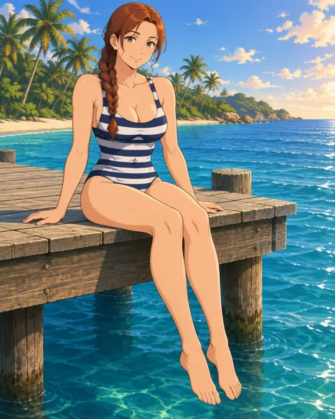 Vireya, an adult anime companion sitting on the edge of a wooden pier with her feet over the sea